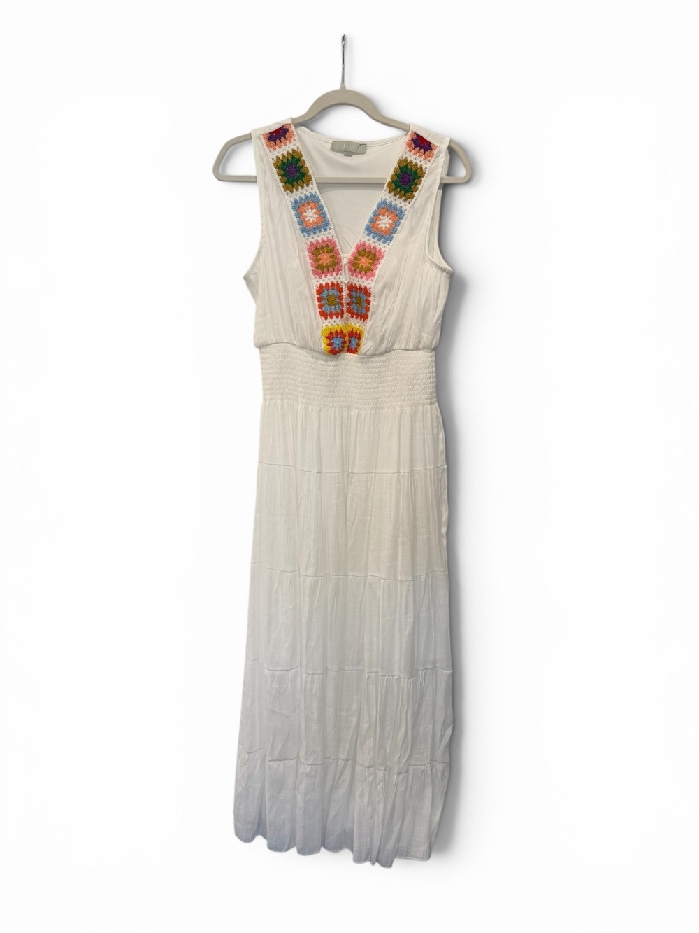 J Gee White Boho Tiered Maxi Dress with Colorful Granny Square Crochet Trim - Picture 3 of 10